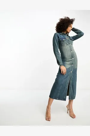 Glamorous Fitted midi shirt dress in vintage wash denim