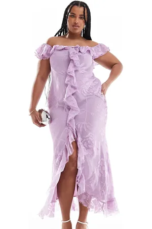 ASOS ASOS DESIGN Curve bardot ruffle front bias maxi dress in floral jacquard in lilac