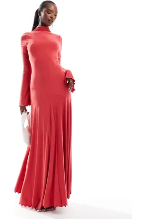ASOS High neck long sleeve a-line maxi dress in coral