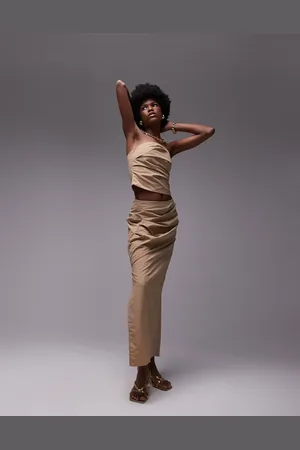 Topshop Co-ord technical fabric maxi column skirt in sand
