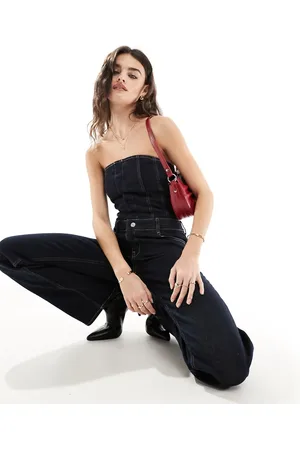 MANGO Tailored denim bandeau jumpsuit in dark