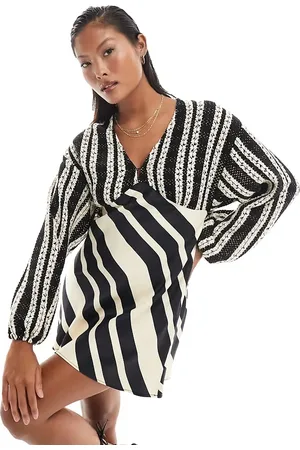 Never Fully Dressed Petite crochet balloon sleeve mini dress in monochrome stripe
