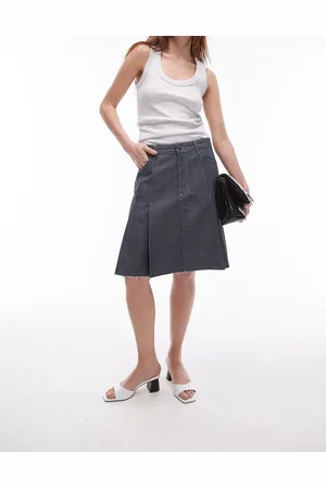 Topshop Denim knee length pleated skirt in raw