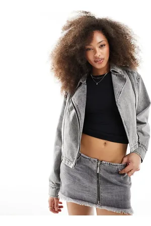 Miss Selfridge Crop denim biker jacket in acid wash