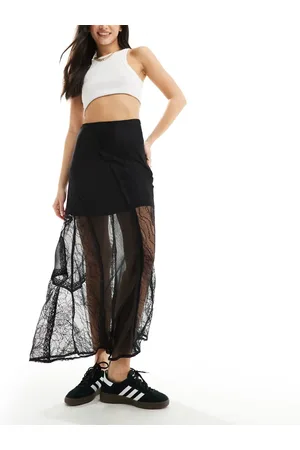 Miss Selfridge Chiffon lace insert maxi skirt in