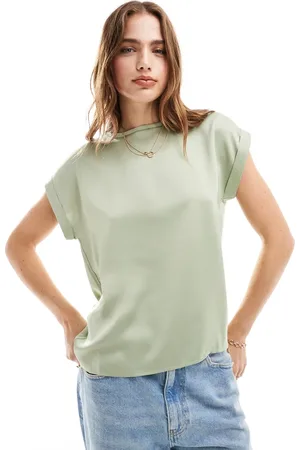 VILA Satin front t-shirt with turn up sleeve in sage