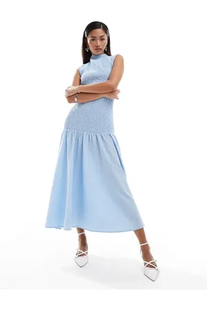 Ghospell Shirred drop hem midi dress in stripe