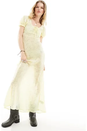 Kiss The Sky Velvet burnout devore maxi dress in lemon