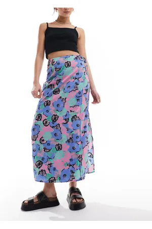 Monki Midi skirt with tie waist in artsy pastel flowers print