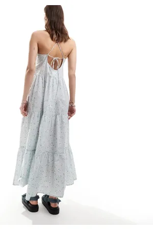 Monki Maxi sun dress with tiered layers and strappy low back in blue scattered ditsy flower print