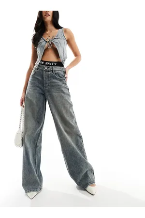 Miss Sixty Wide leg denim jeans with double layered boxer trim in vintage wash