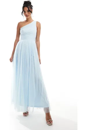 Lace & Beads Bridesmaid one shoulder tulle maxi dress in sky