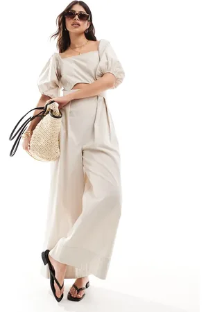 ASOS Puff sleeve bardot with front cutout jumpsuit in stone