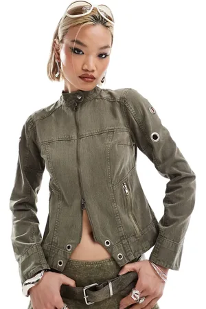 COLLUSION Festival moto jacket with eyelets in oil wash co-ord