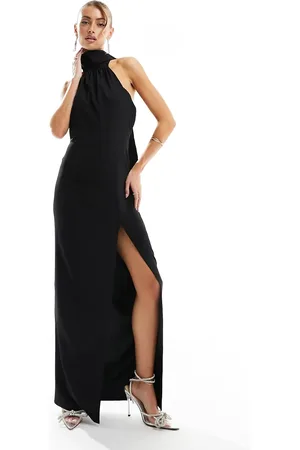 Vesper Halterneck scarf detail maxi dress with thigh spilt in