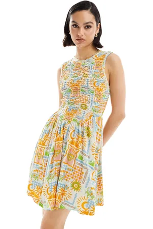 ASOS Crinkle shirred bodice mini dress with open back in floral abstract print