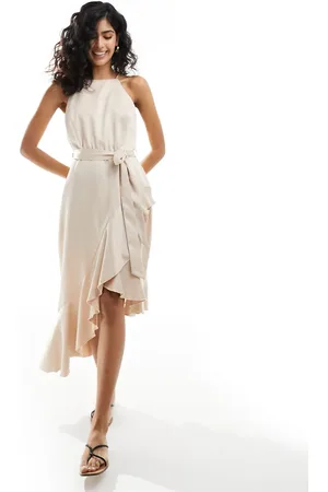 Style Cheat Halterneck cami midi dress with tie waist in champagne