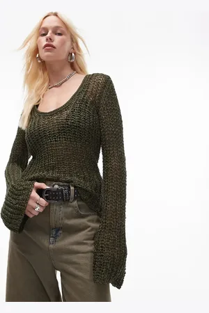 Topshop Knitted scoop neck open stitch top in green