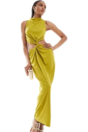 ASOS ASOS DESIGN Tall slinky knot detail cut out midi dress in ochre
