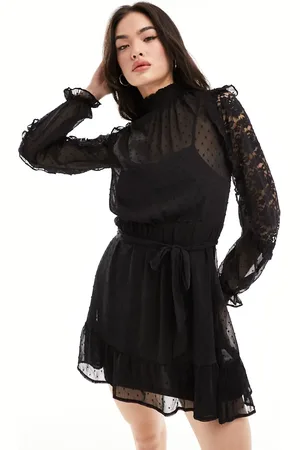 New Look Long sleeve ruffle detail chiffon mini dress in