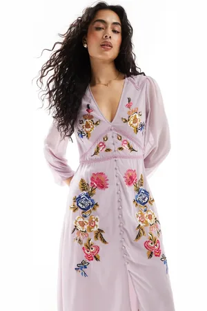 HOPE & IVY Premium embroidered skater midi dress with button through in mauve