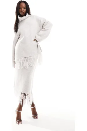 NA-KD Co-ord knitted maxi skirt with fringe hem in griege