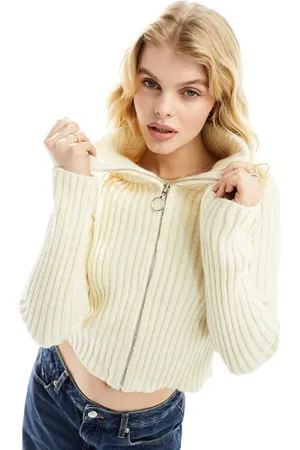 MANGO Zip front funnel neck jumper in beige