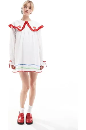 Neon Rose Oversized collar embroidered mini smock dress in