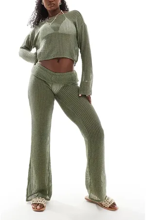 ONLY Flare beach trousers with folded waistband co-ord in sage