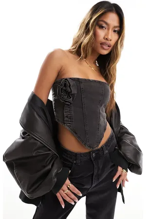 Liquor N Poker Co-ord denim corset with rose corsage in washed