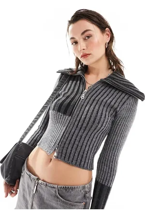 The Ragged Priest Rib knit cardigan with double zip in grey patchwork