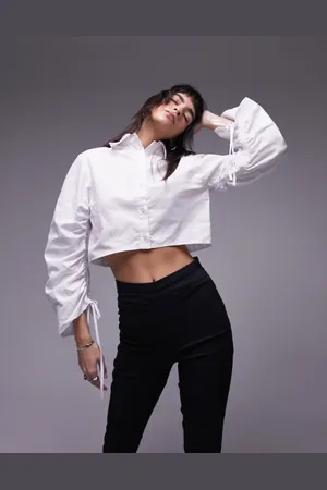 Topshop Ruched sleeve poplin crop shirt in