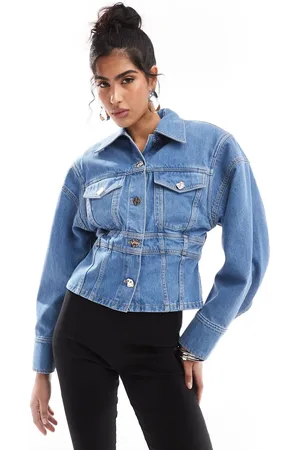 & OTHER STORIES Denim jacket with corset waist and extended shoulder in mid wash