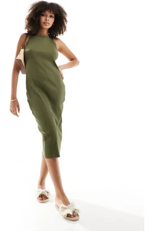 Pimkie Ribbed racerneck midi dress in khaki