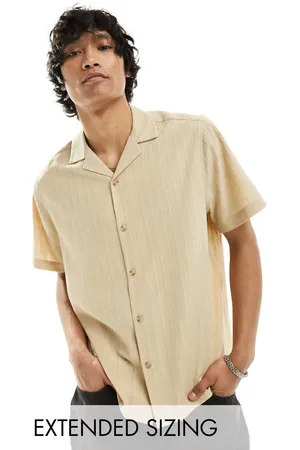 ASOS Short sleeve relaxed fit revere collar crinkle texture shirt in sand