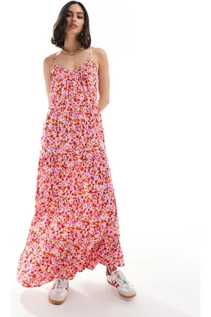 VILA Tiered maxi cami dress in pink floral print