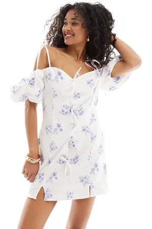 ASOS Puffed sleeve tie front mini dress in blue floral print
