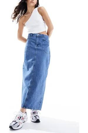 Object Denim maxi skirt with double waistband in mid wash