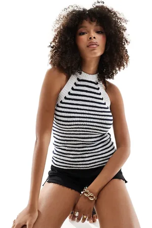 Pimkie Knitted racerneck top in white and blue stripe
