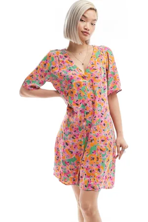 Monki Button through mini dress in abstract floral print