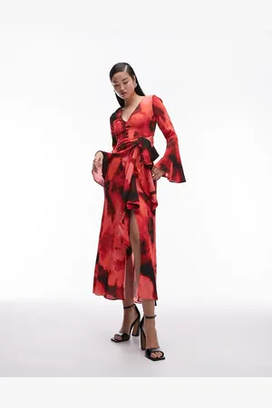 Topshop Button down v neck tie front midi dress in pink floral print