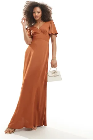 Maids to Measure Bridesmaid flutter sleeve maxi dress in burnt