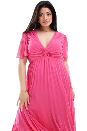 ASOS ASOS DESIGN Curve pleated bodice flutter sleeve pleat midi dress in hot