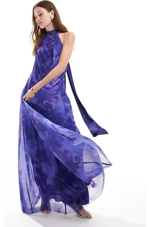 MANGO High neck floral print pleated maxi dress in