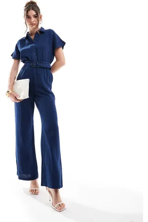 MANGO Linen look belted jumpsuit in dark