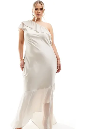 TFNC Bridesmaid satin one shoulder ruffle maxi dress in champagne