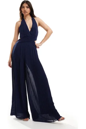 TFNC Bridesmaid chiffon halter neck pleated jumpsuit in navy