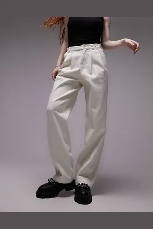 Topshop Button tab detail straight leg trouser in ecru