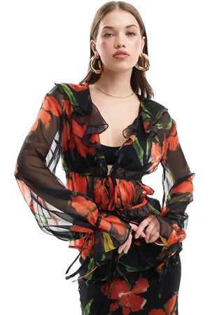 ASOS Long sleeve chiffon ruffle tie top co-ord in floral print