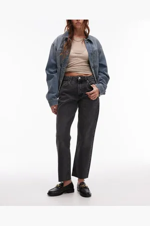 Topshop Cropped mid rise straight jeans with raw hems in washed